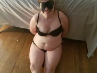 Tied spread eagle and facial in black bra and panties 17 of 20