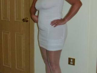 white dress, stockings & heels