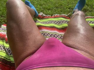 Sunbathing in Bayonne Park plum thong 13 of 20