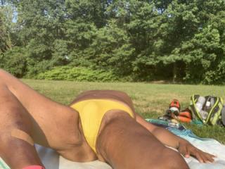 Sunbathing in Bayonne Park Yellow thong 15 of 16