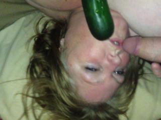 Annie fucked with big veg while she wanks and sucks