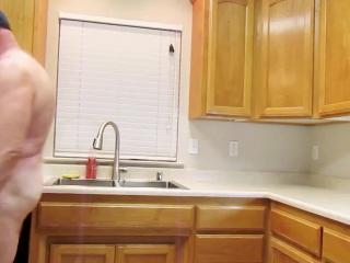 Naked and hard around the kitchen.