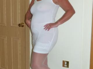 white dress, stockings & heels 2 of 6