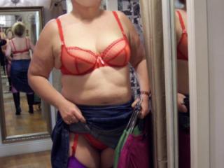 Sheer Red Freya Lingerie & Purple Stockings 2 of 20