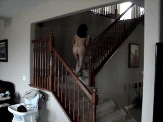 Naked run up the stairs.