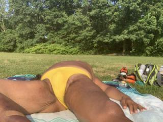 Sunbathing in Bayonne Park Yellow thong 12 of 16