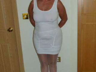 white dress, stockings & heels 1 of 6