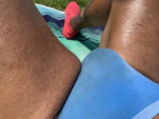 Sunbathing in Bayonne Park_light blue CK thong 13 of 20