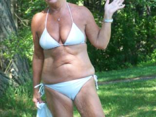 Sunbathing in Town Park Wearing White Bikini 2 of 18