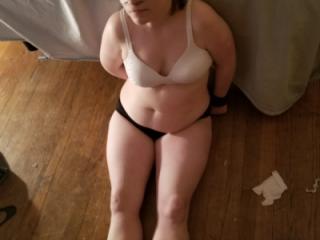 Wife Cuffed in White bra and black panties 5 of 12