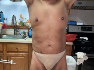 Nude CK thong in kitchen