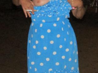 Flashing in Blue polka dot dress 2 of 8
