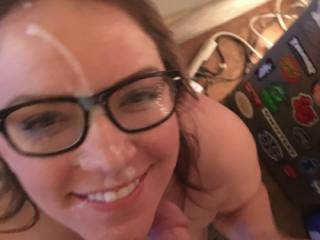 More cum on her sexy librarian glasses.